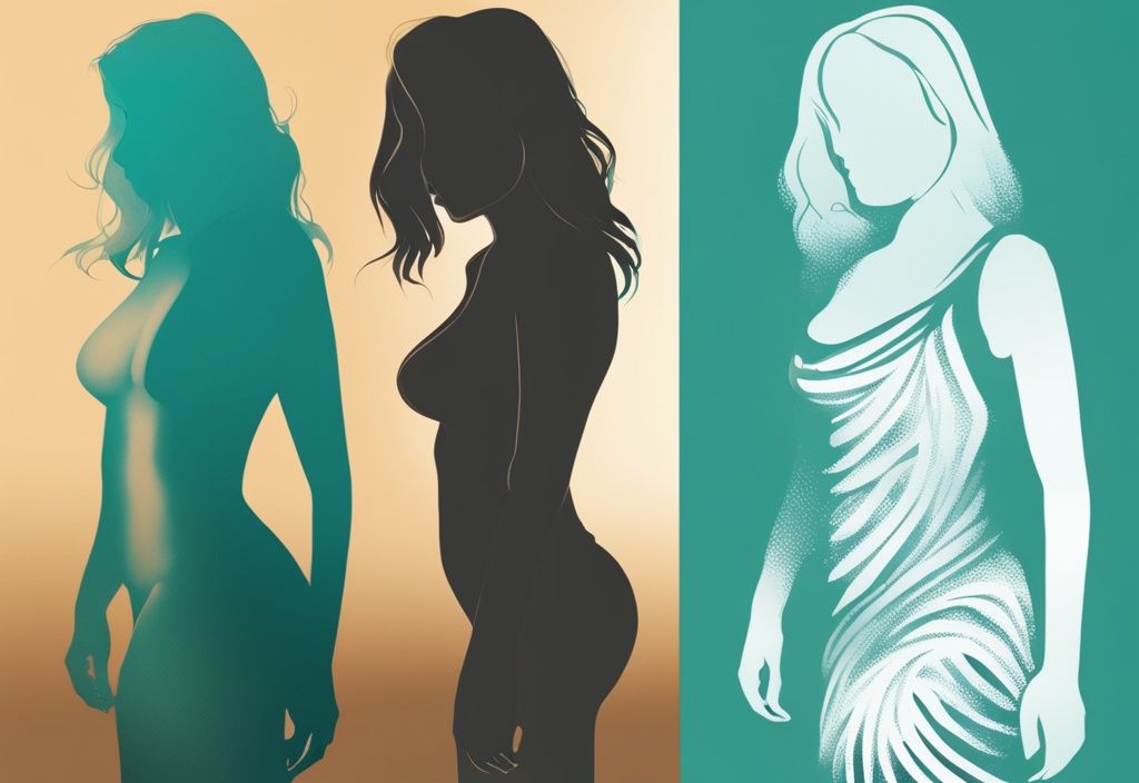 Moderne digitale Illustration mit Hauptfarbe Teal, die eine Vorher-Nachher-Silhouette einer Person zeigt, wobei die Nachher-Silhouette deutlich schlanker ist, symbolisiert wie viel kann man in einem Jahr abnehmen.