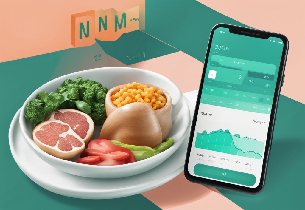 Moderne digitale Illustration in Teal-Tönen mit geöffneter Noom-App auf einem Smartphone-Bildschirm, zeigt einen gesunden Ernährungsplan und ein Fortschrittsdiagramm zur Gewichtsabnahme; was ist Noom zum Abnehmen.