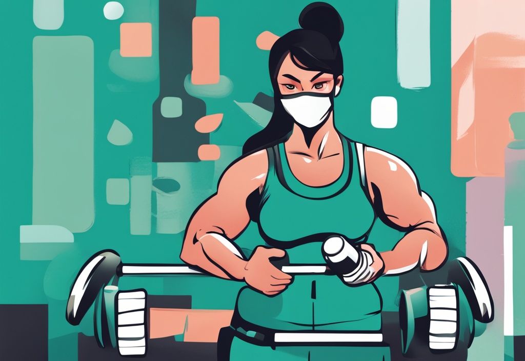 Moderne digitale Illustration einer Person in Sportkleidung, die eine Kortison-Medikamentenbox in einer Hand und eine Hantel in der anderen hält, symbolisiert den Übergang von Gewichtszunahme zur Gewichtsabnahme, Hauptfarbe Teal.