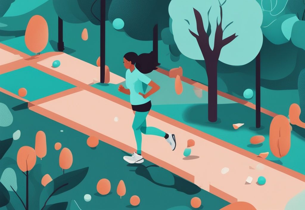 Moderne digitale Illustration in Türkis, zeigt eine Person beim Joggen im Park, symbolisiert aktiven Lebensstilwechsel, mit kleineren Bildern von Cortison-Pillen und einer Waage mit abnehmendem Gewicht; Gewichtszunahme durch Cortison wie abnehmen.